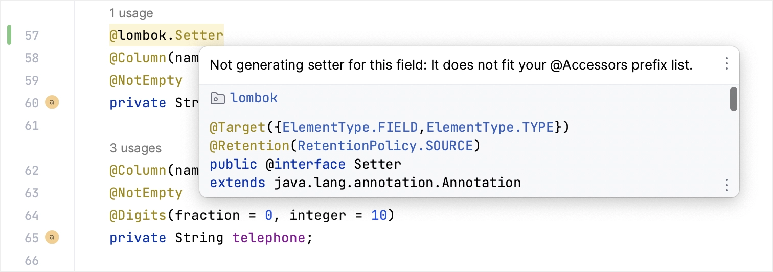Warning about setter generation shown in the editor