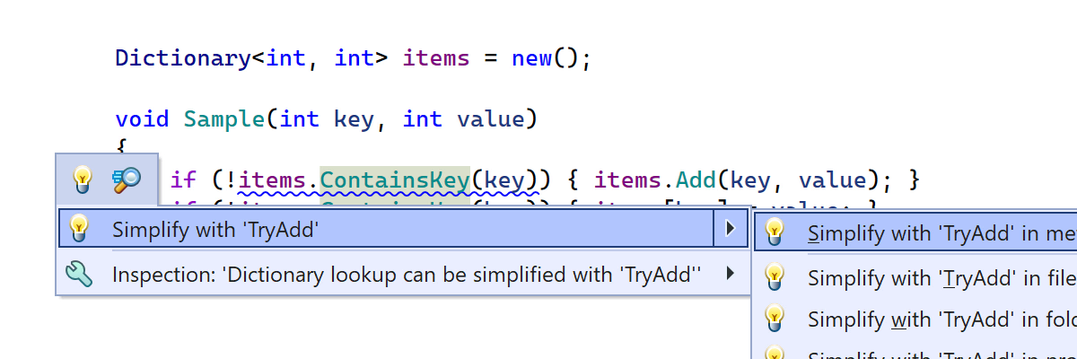 To use TryAdd(key, value) for Dictionary collections or collections inherited from Dictionary when possible