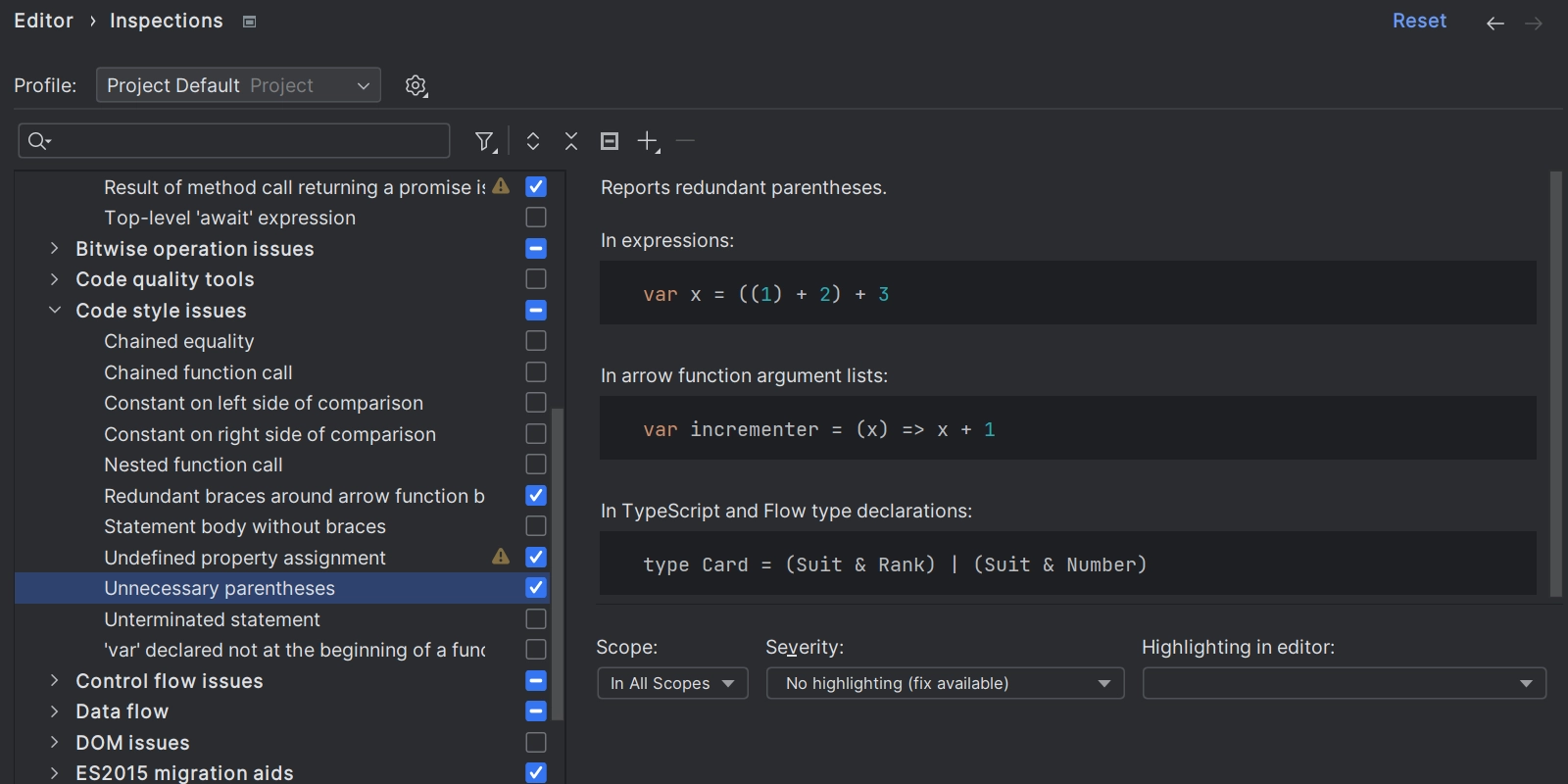 Showing the inspections with color for var in the code sample