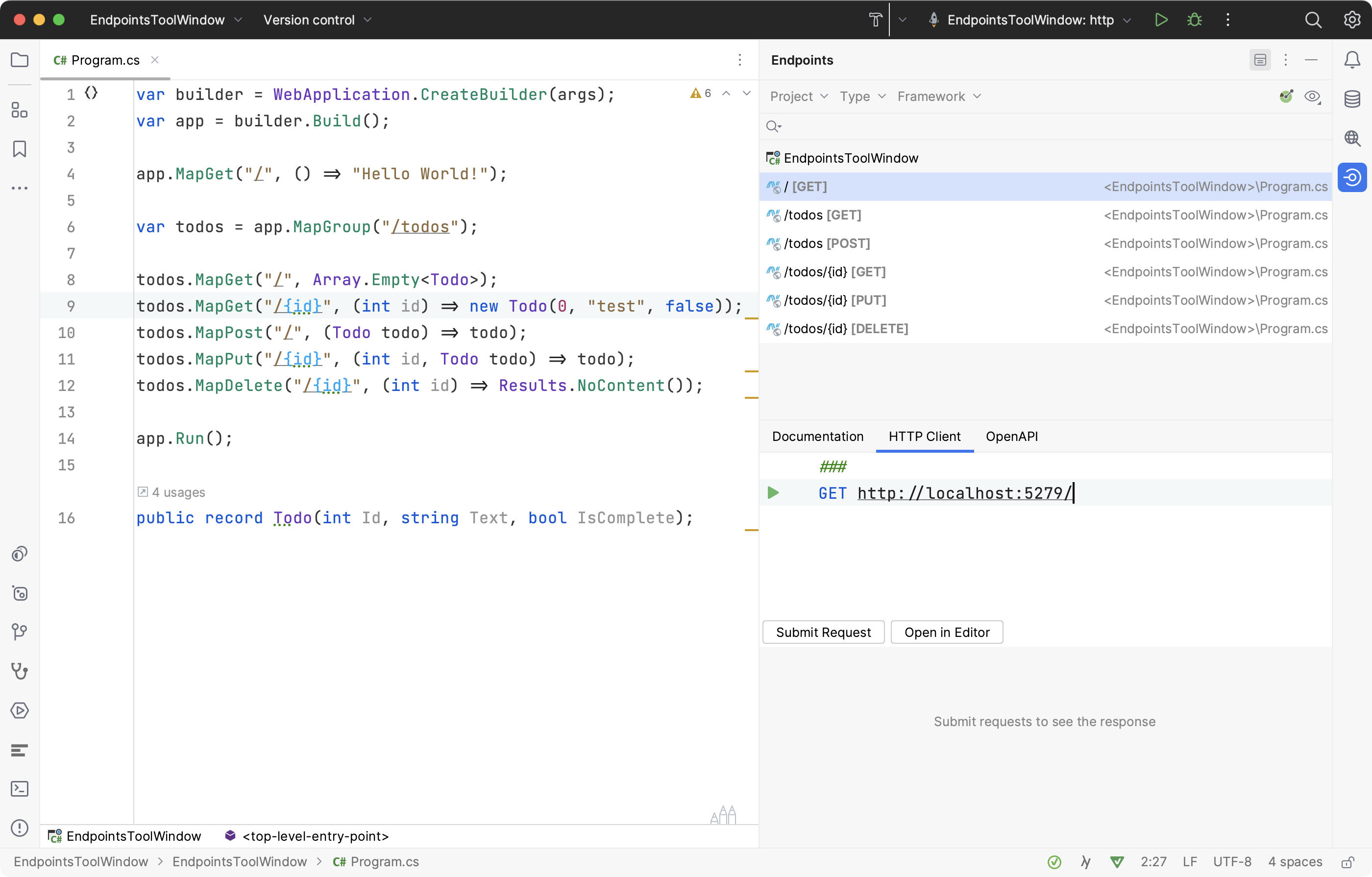 Showing Minimal APIs and route groups in endpoint tool window.