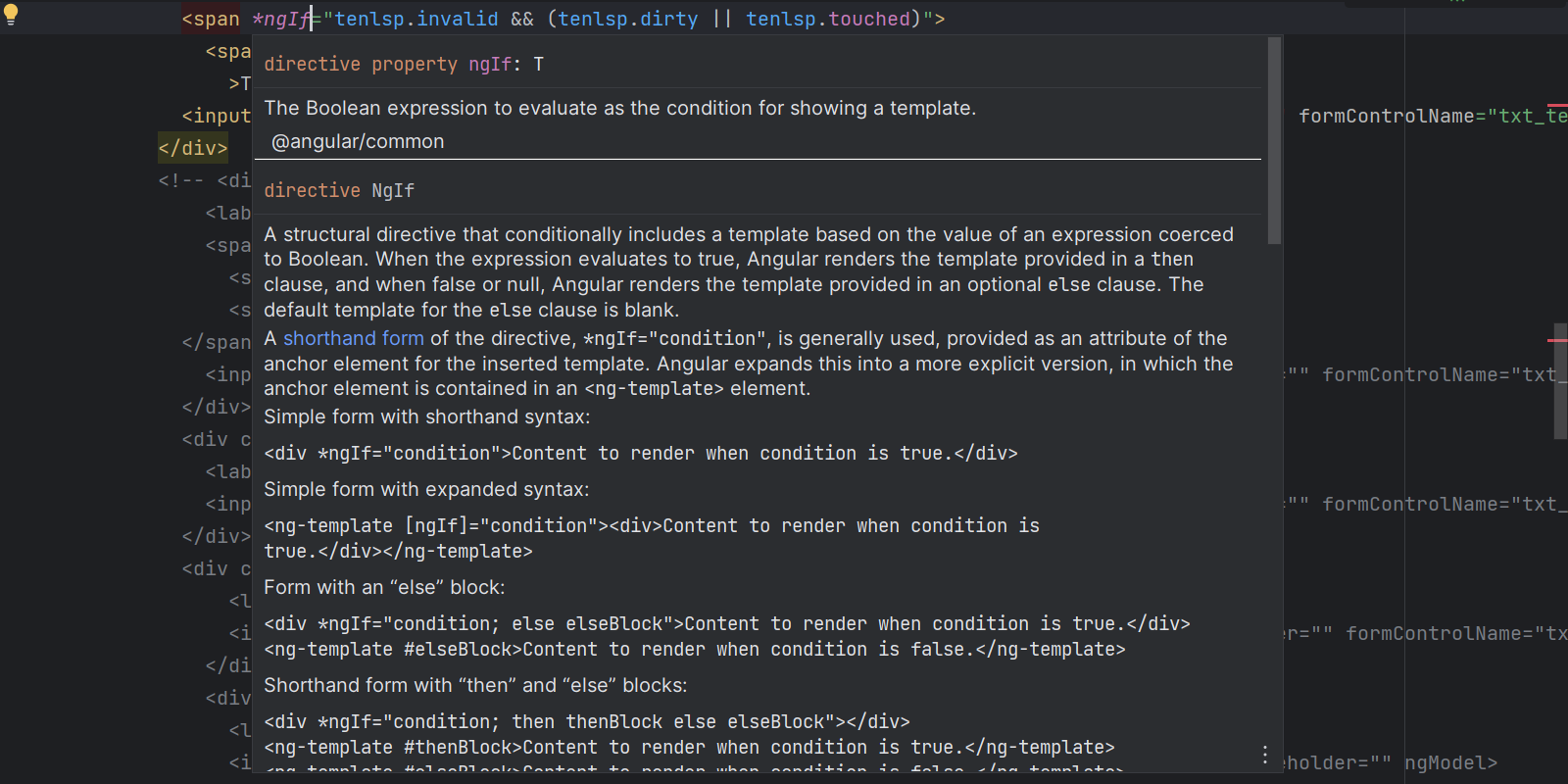 Documentation available on hover for Angular-related symbols