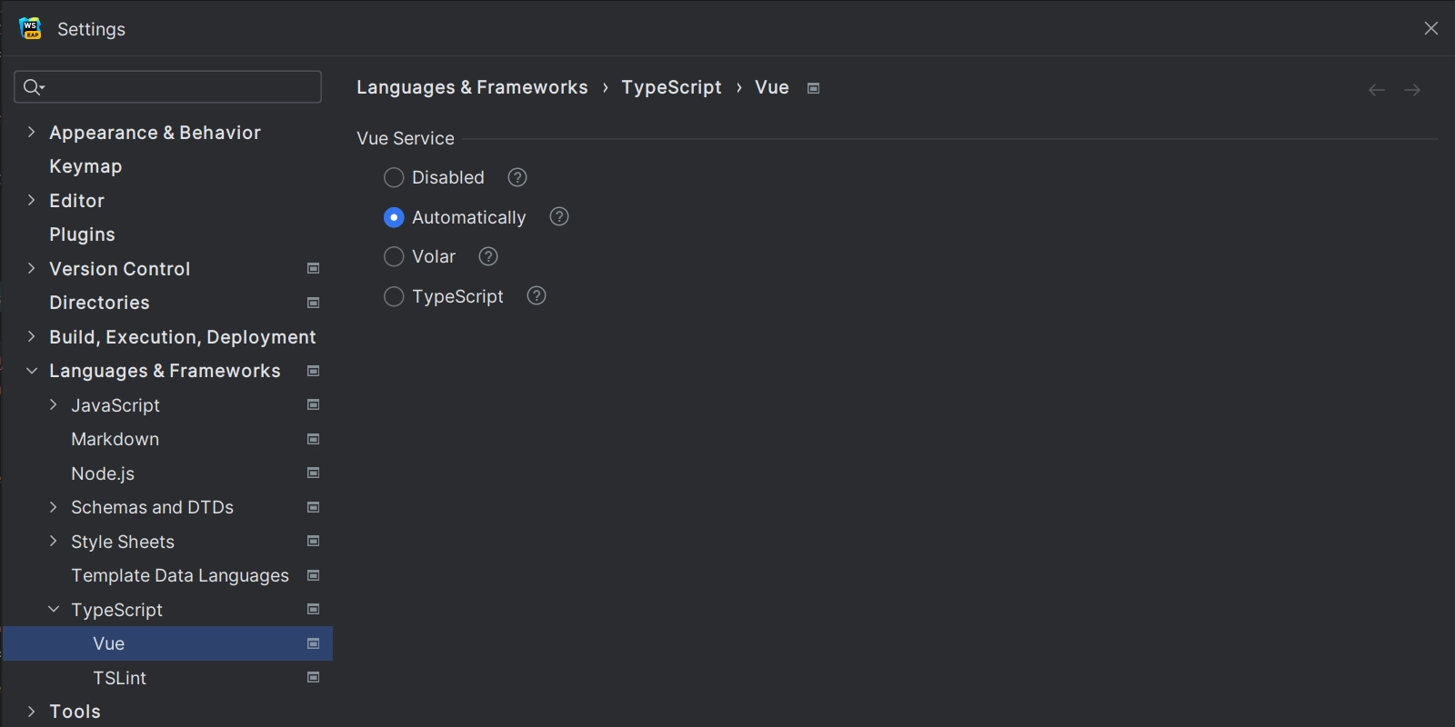 Settings to change the Vue service used