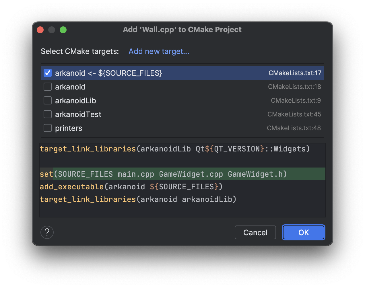 Add to CMake target dialog