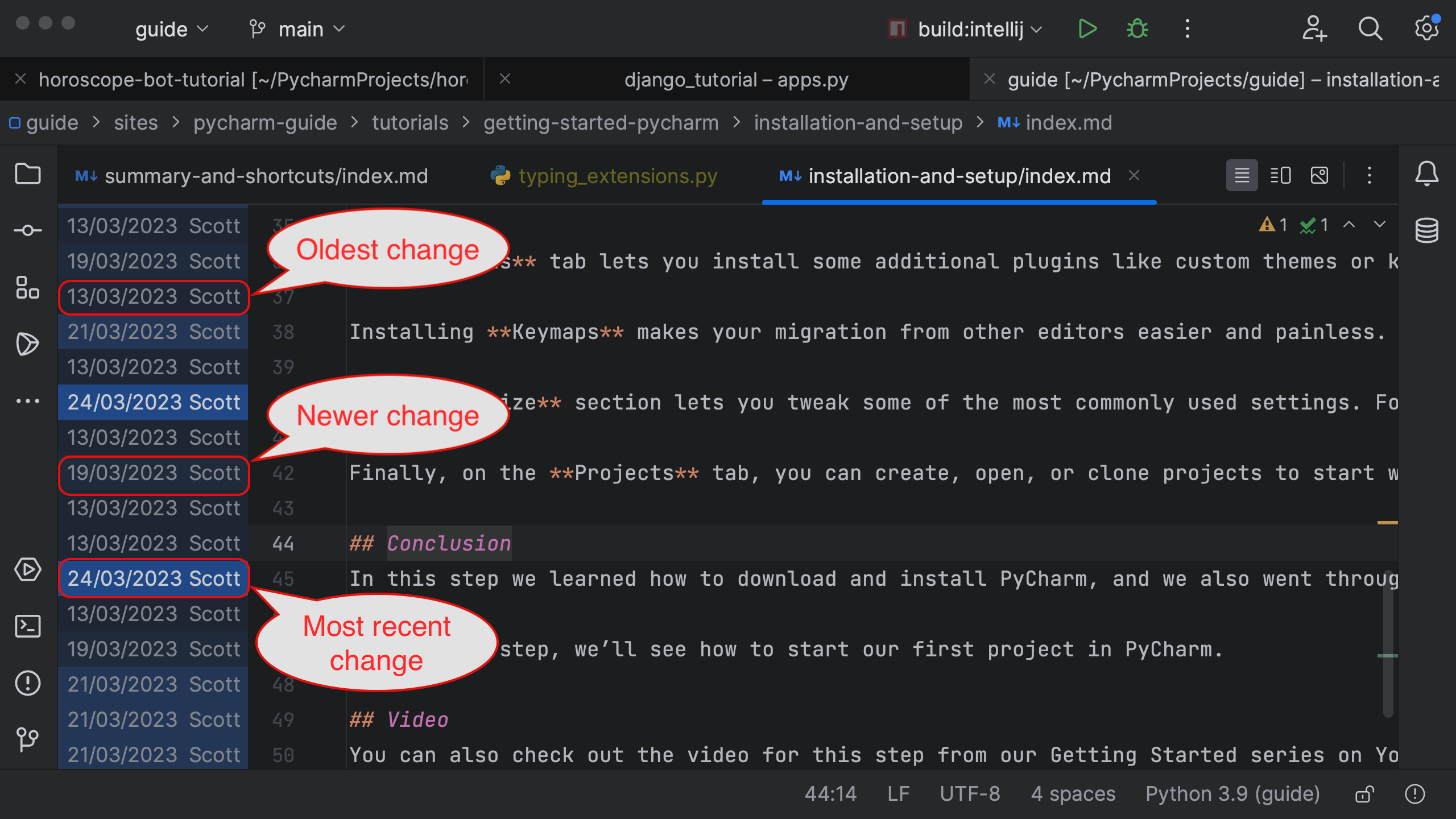 Git blame annotations with different shading, lightest is oldest, darkest is newest 