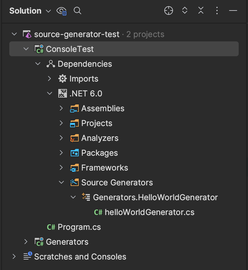 Solution explorer showing Source Generators node under dependencies