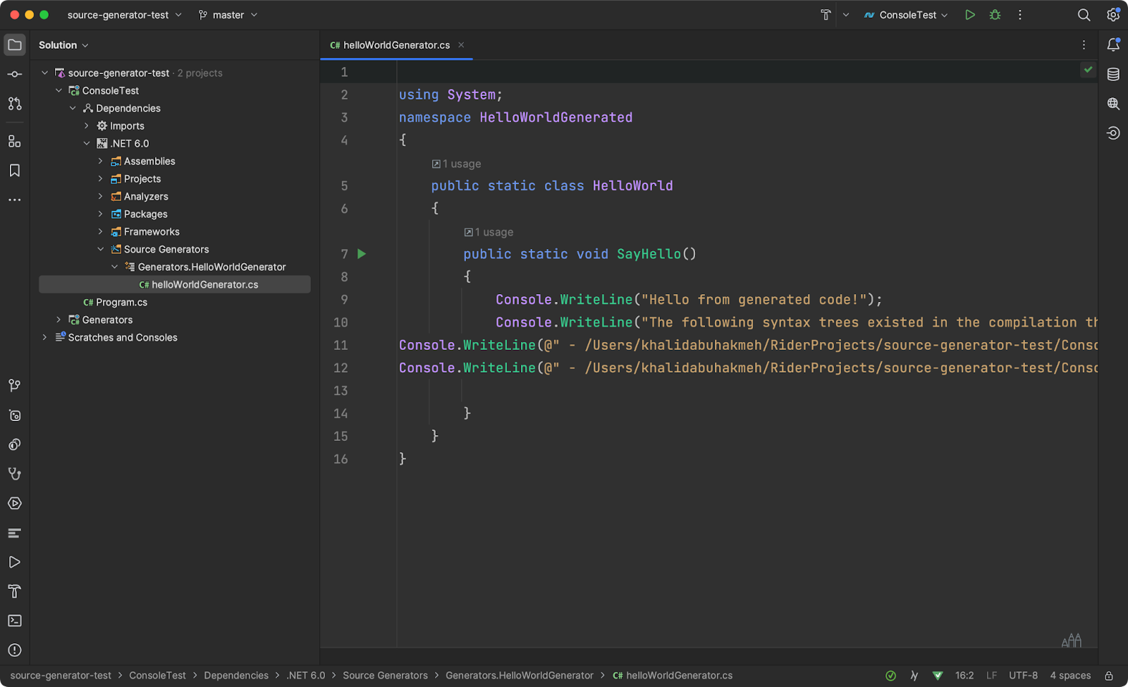 Viewing source generated code in JetBrains Rider