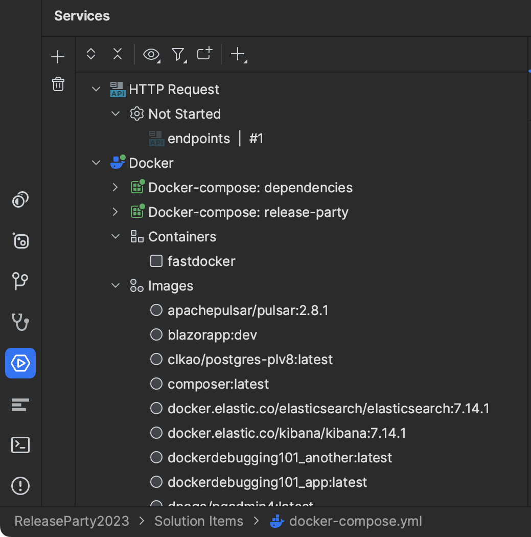 Connected Docker connection in Services window