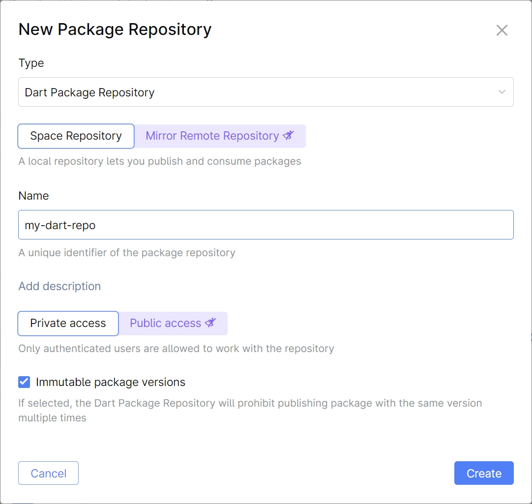 Create a Dart repository in JetBrains Space