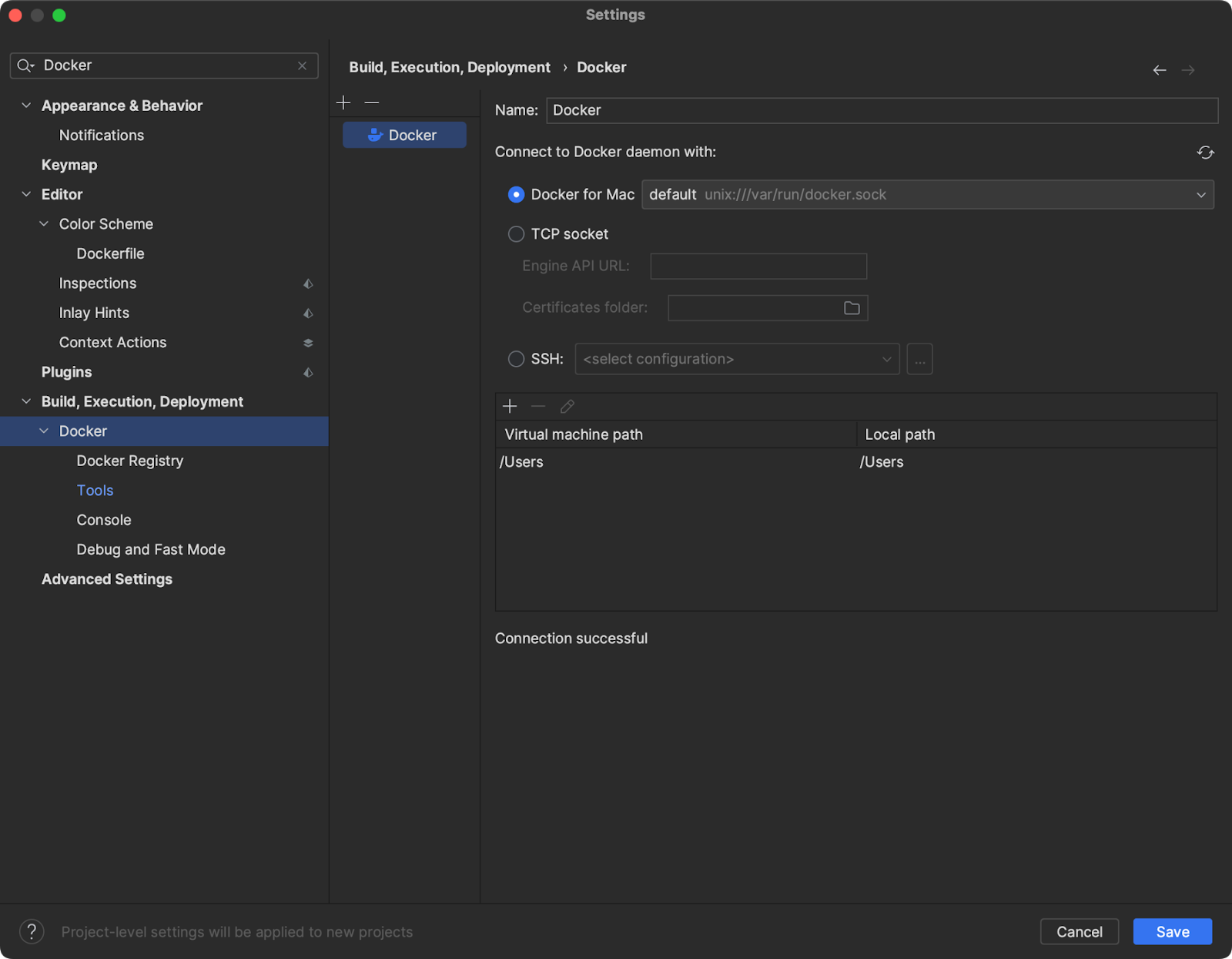 Settings dialog in JetBrains Rider showing Docker section