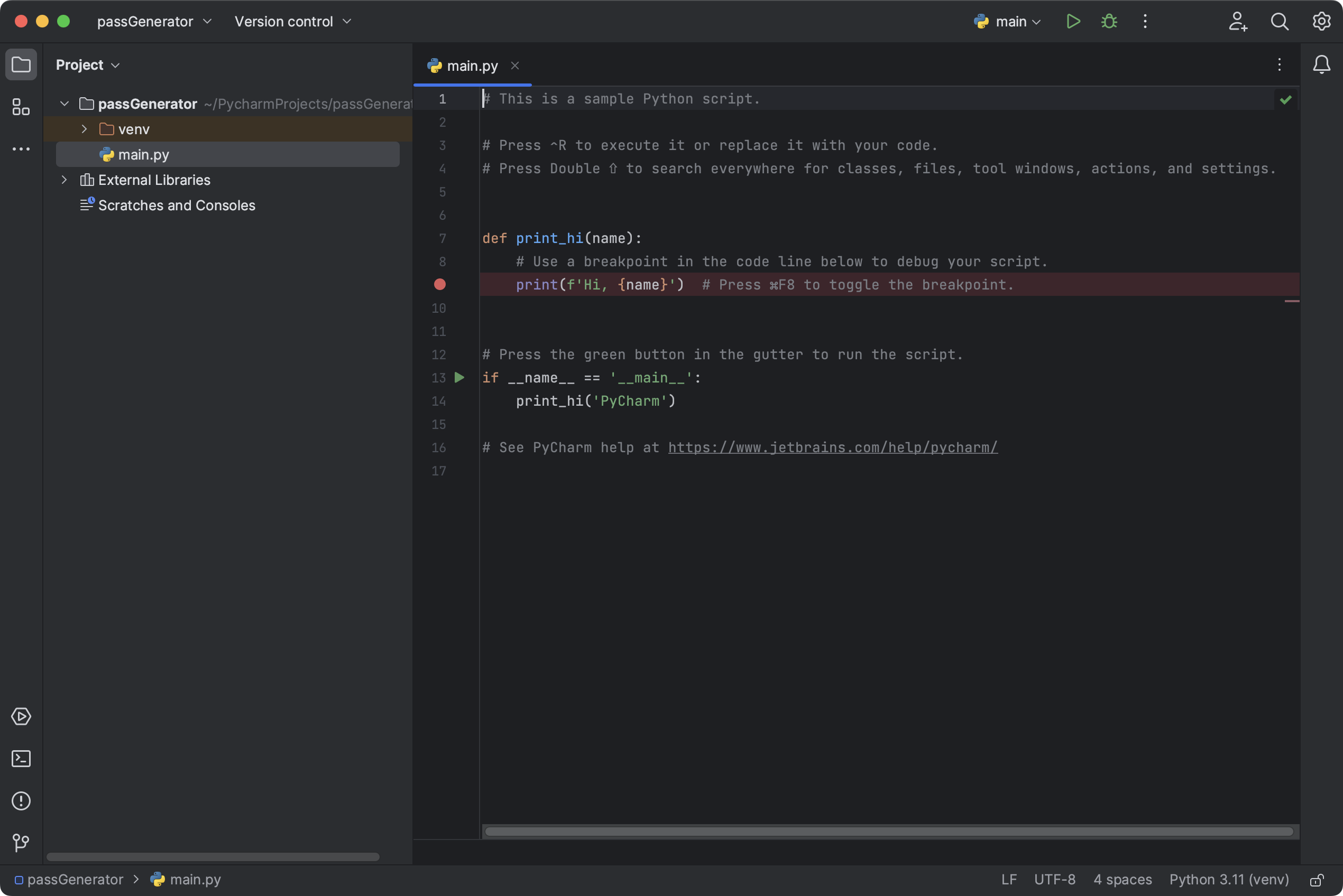 The newly created project in PyCharm