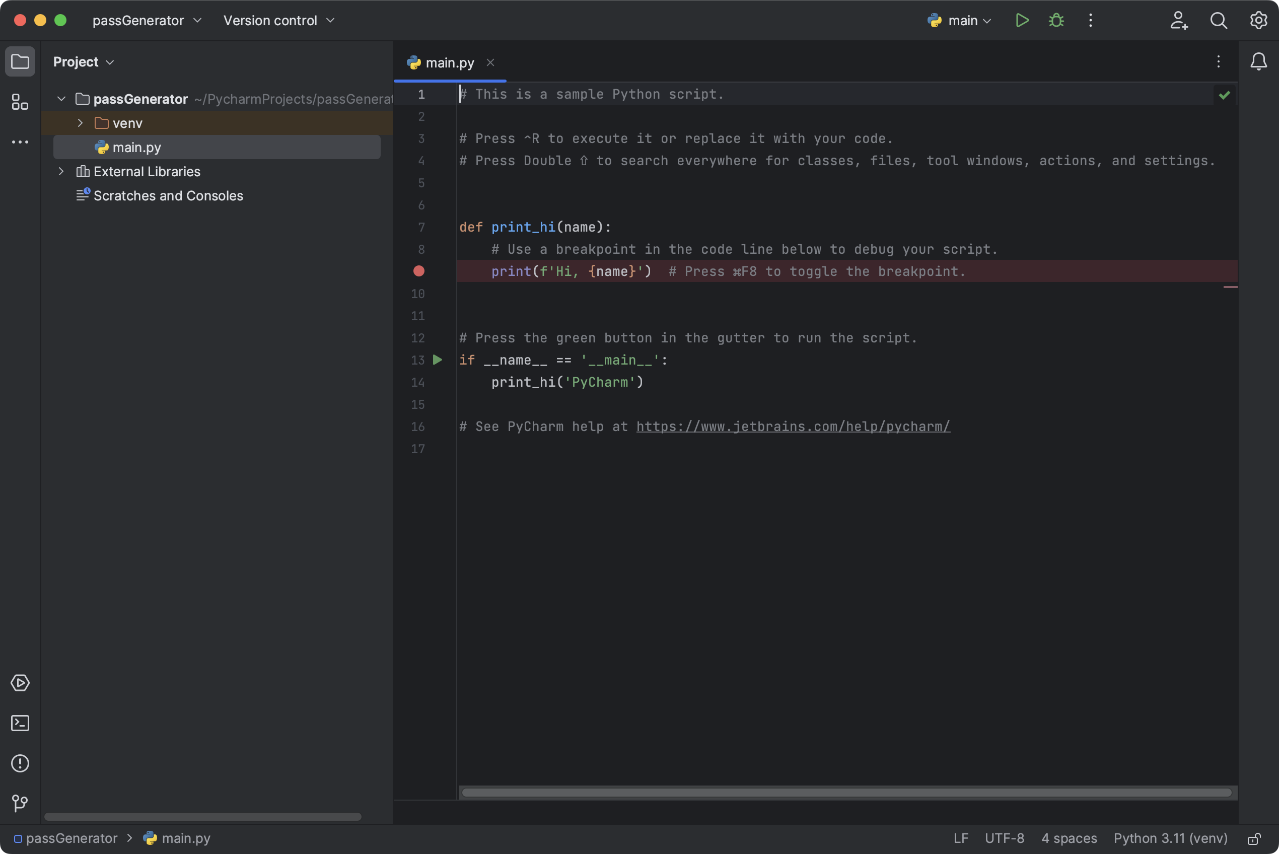 PyCharm で新規に作成されたプロジェクト