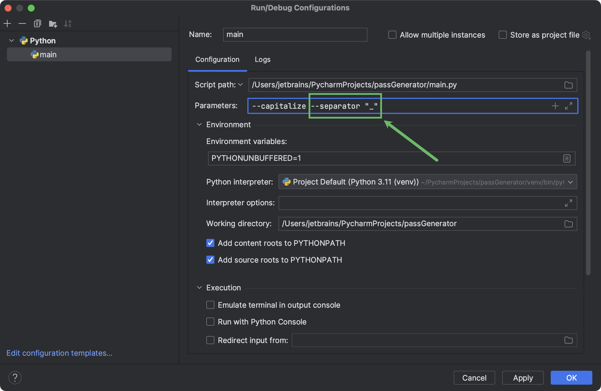 Adding another parameter to the run configuration