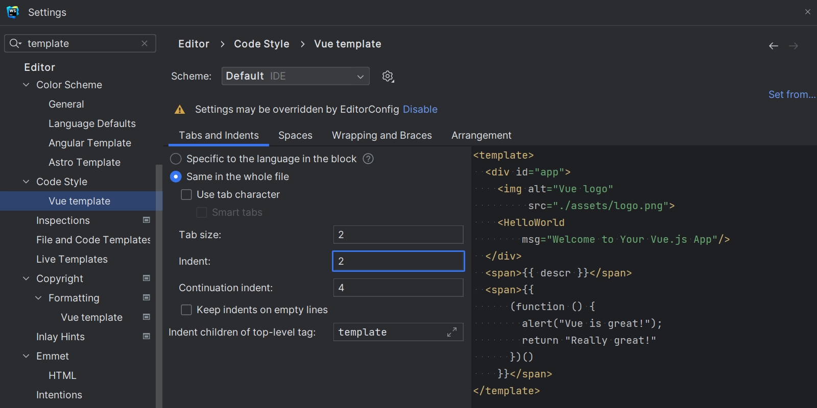 Showing the indent settings which can be changed so when users reformat code it will do it correctly