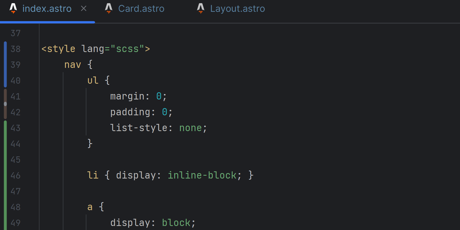 Showing the scss style is present in the Astro file 