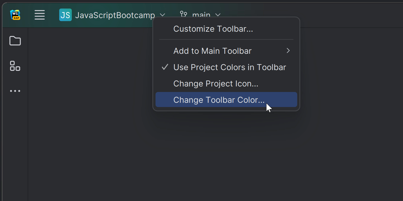Showing the customizable option for the project color in the header of WebStorm