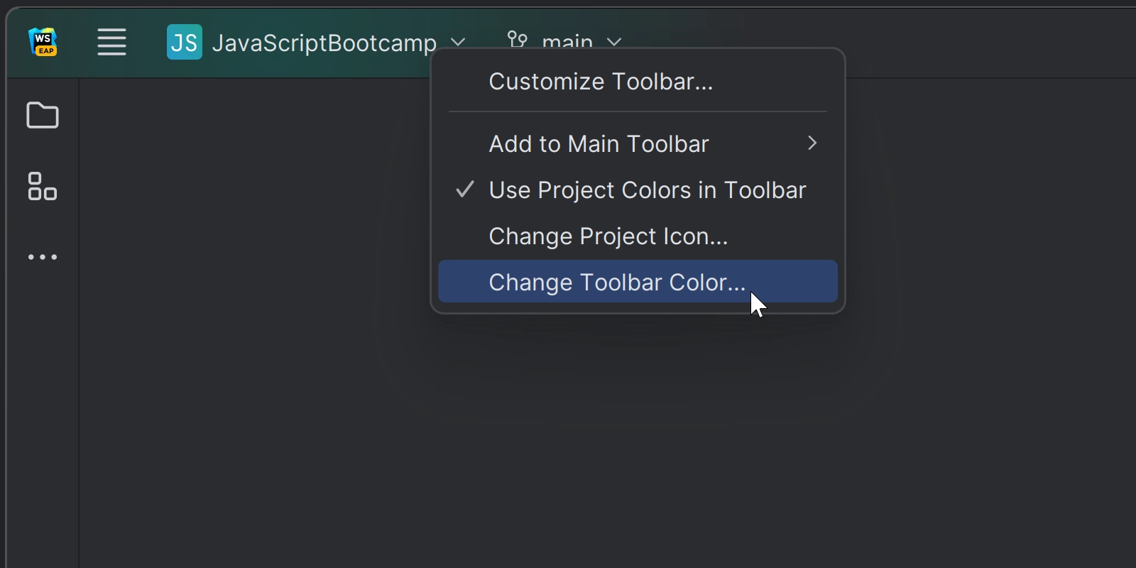 Showing the customizable option for the project color in the header of WebStorm