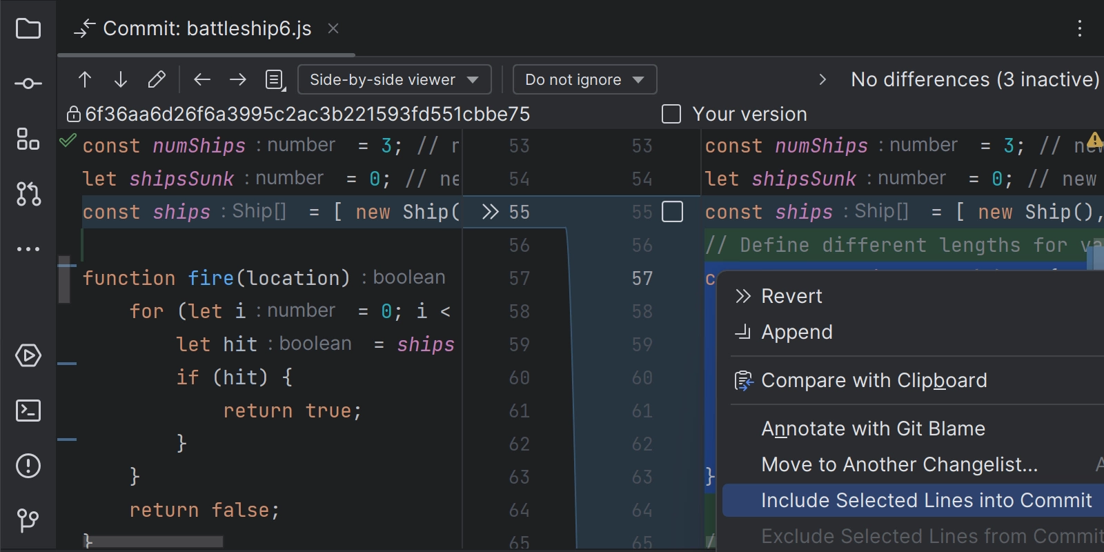 Showing the new include selected lines into commit option being used in the commit diff to select individual lines