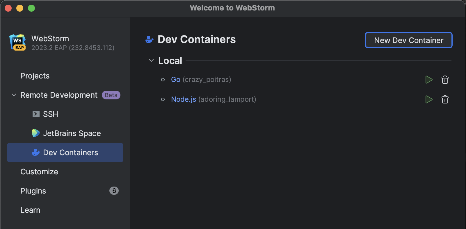 Showing teh Dev container option available in the Welcome screen of WebStorm