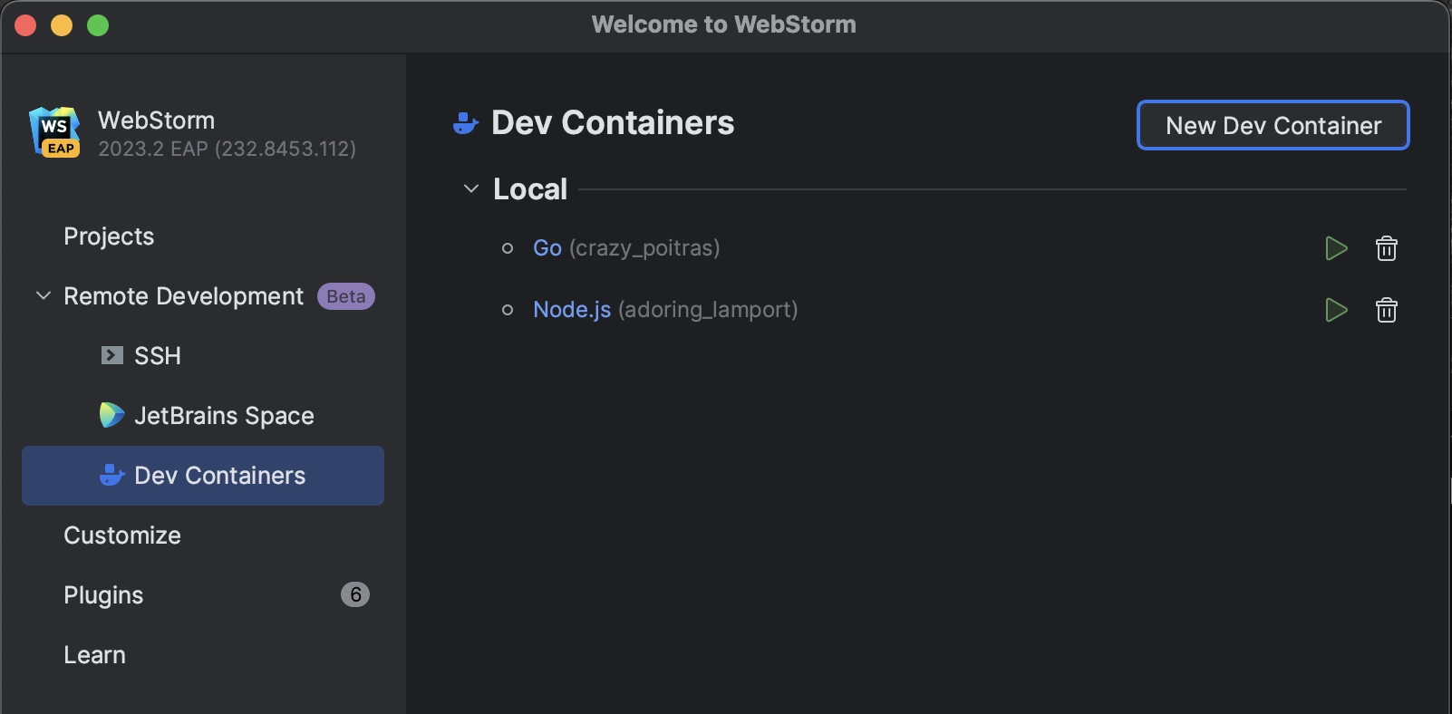 Showing teh Dev container option available in the Welcome screen of WebStorm