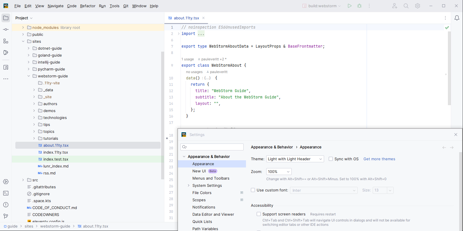 The new UI light theme with light header presented in the WebStorm