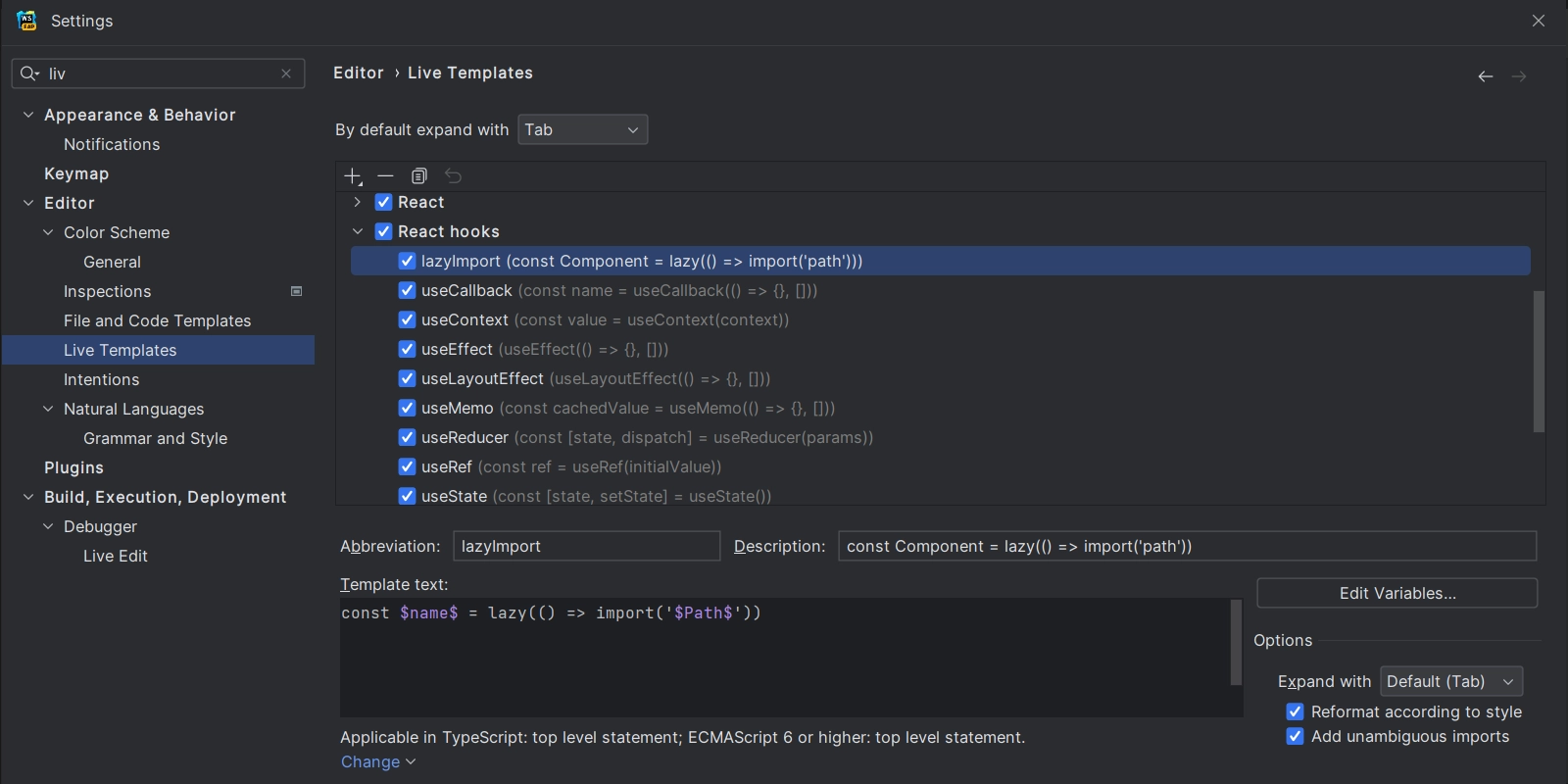 Image of the settings Live Templates showing the new Live Templates for React hooks