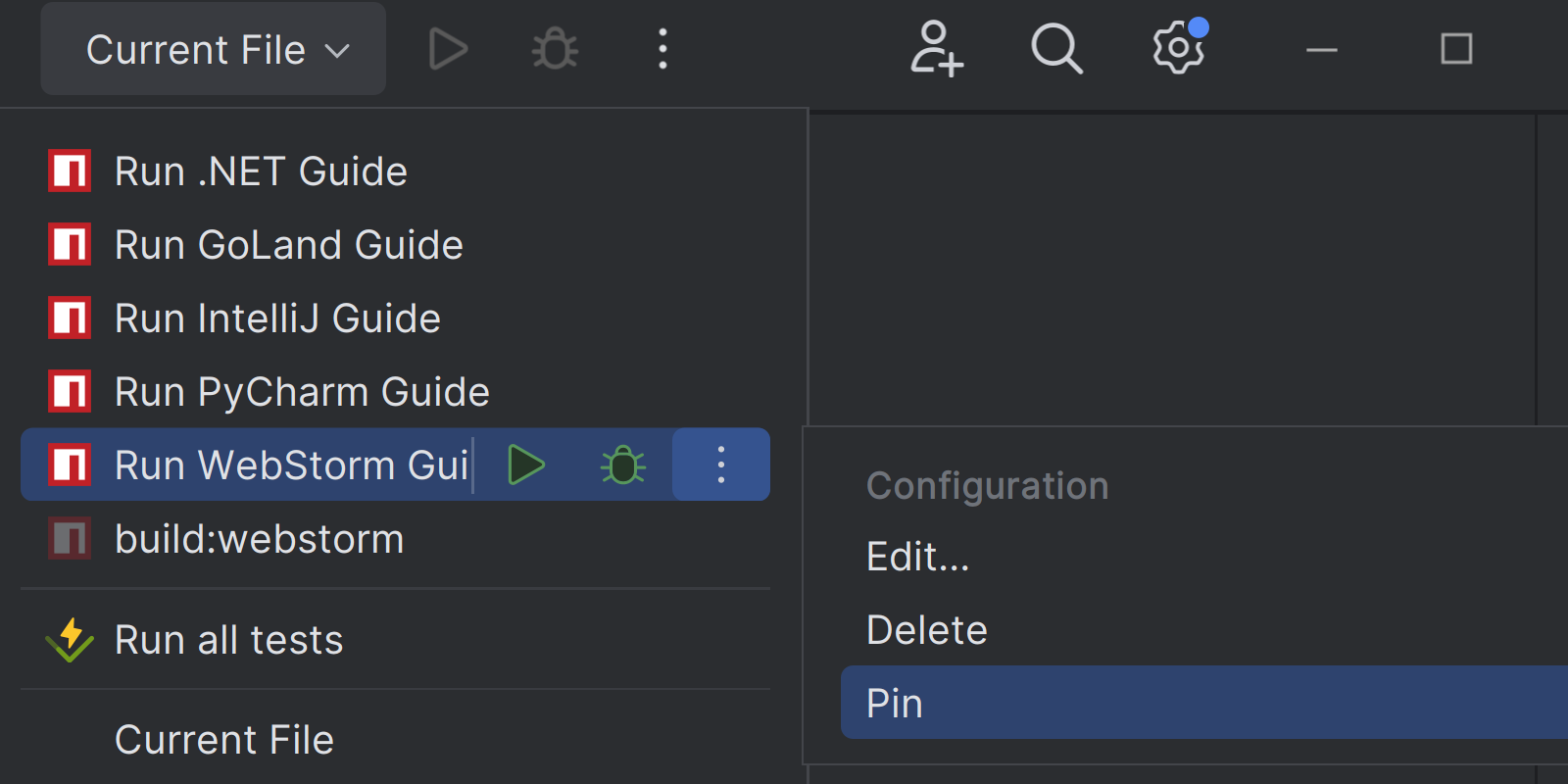 Showing the pin option for run configurations