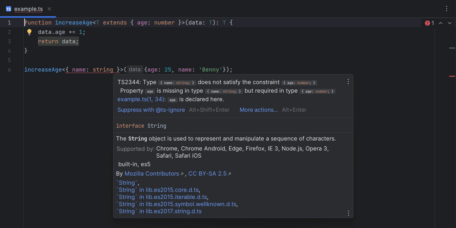 Showing the formatting of a TypeScript type error