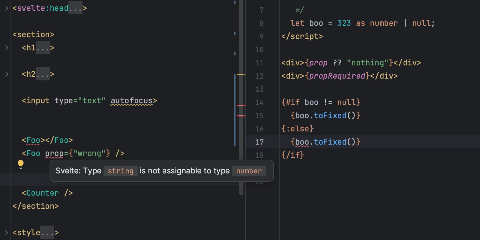 Showing Svelte issues being caught because of the LSP integration