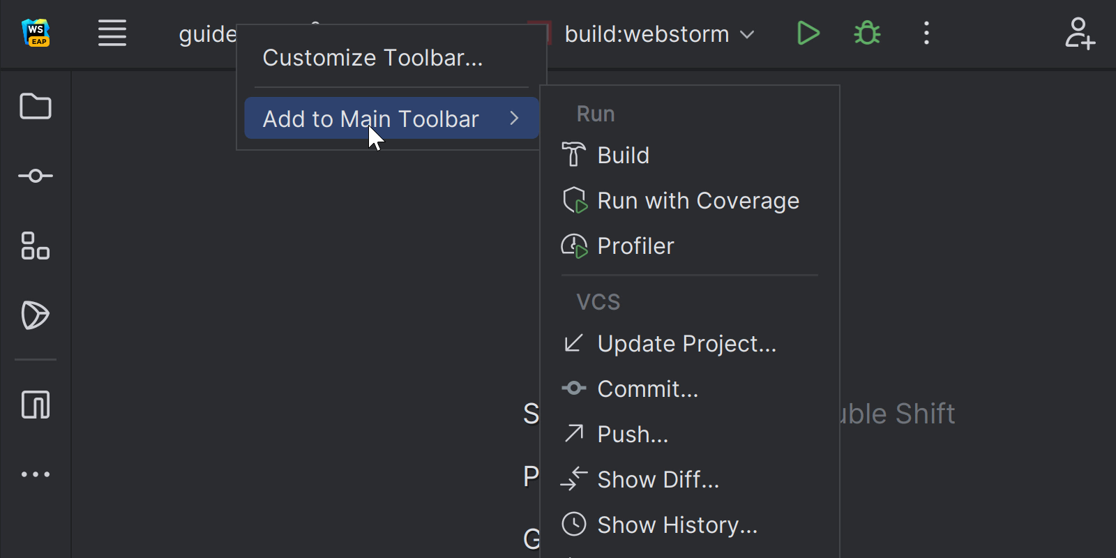 Showing right clicking on a toolbar icon then selecting Add to main toolbar and choosing update project. then the update project icon is added to the toolbar