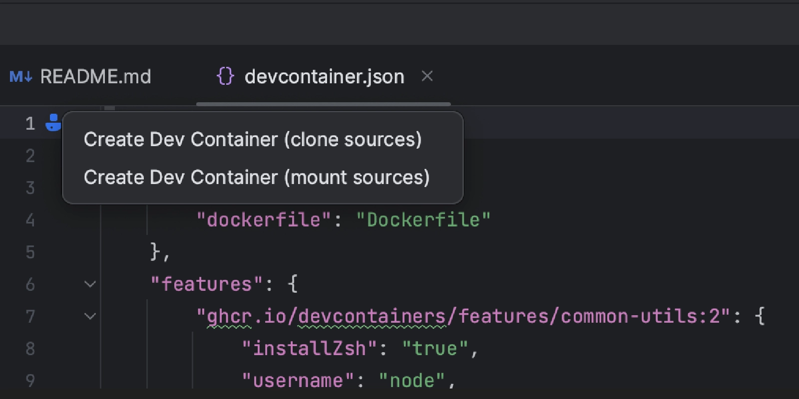 Showing the options to create Dev Containers from the editor