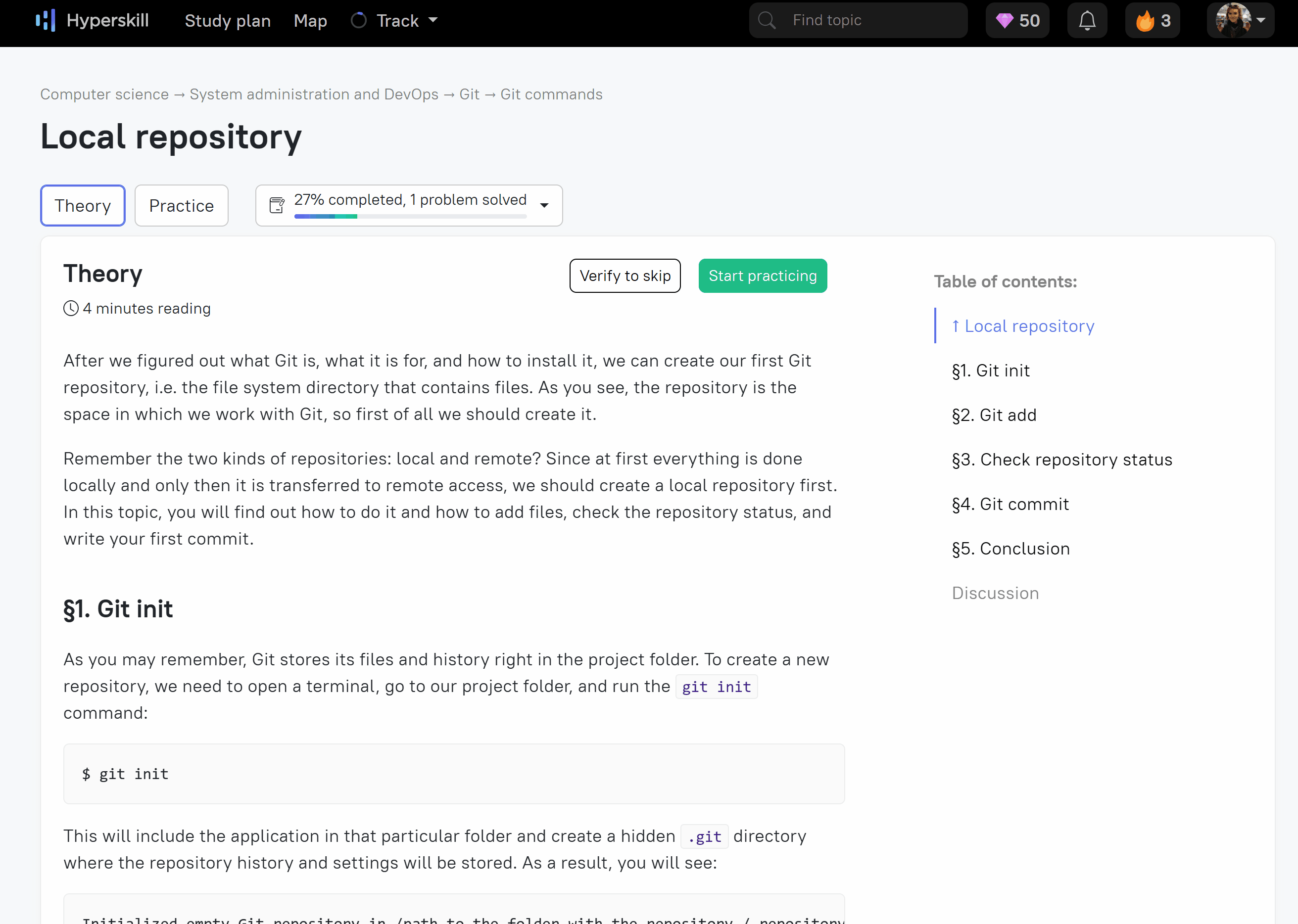 a gif showing the perspective of a user on hyperskill switching from a theory page on local repositories to the practice section and successfully completing an exercise