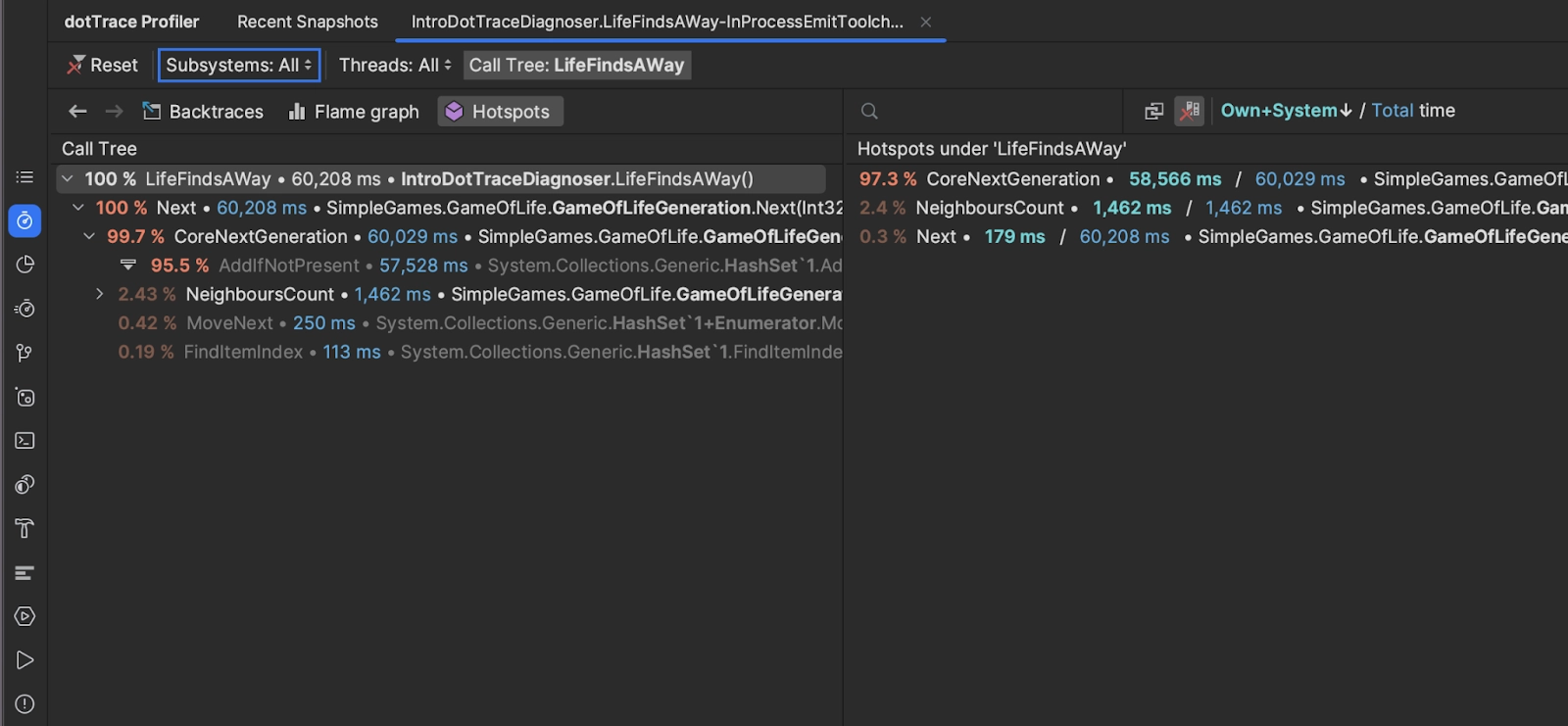 doTrace Profiler window with BenchmarkDotNet profiling session loaded.