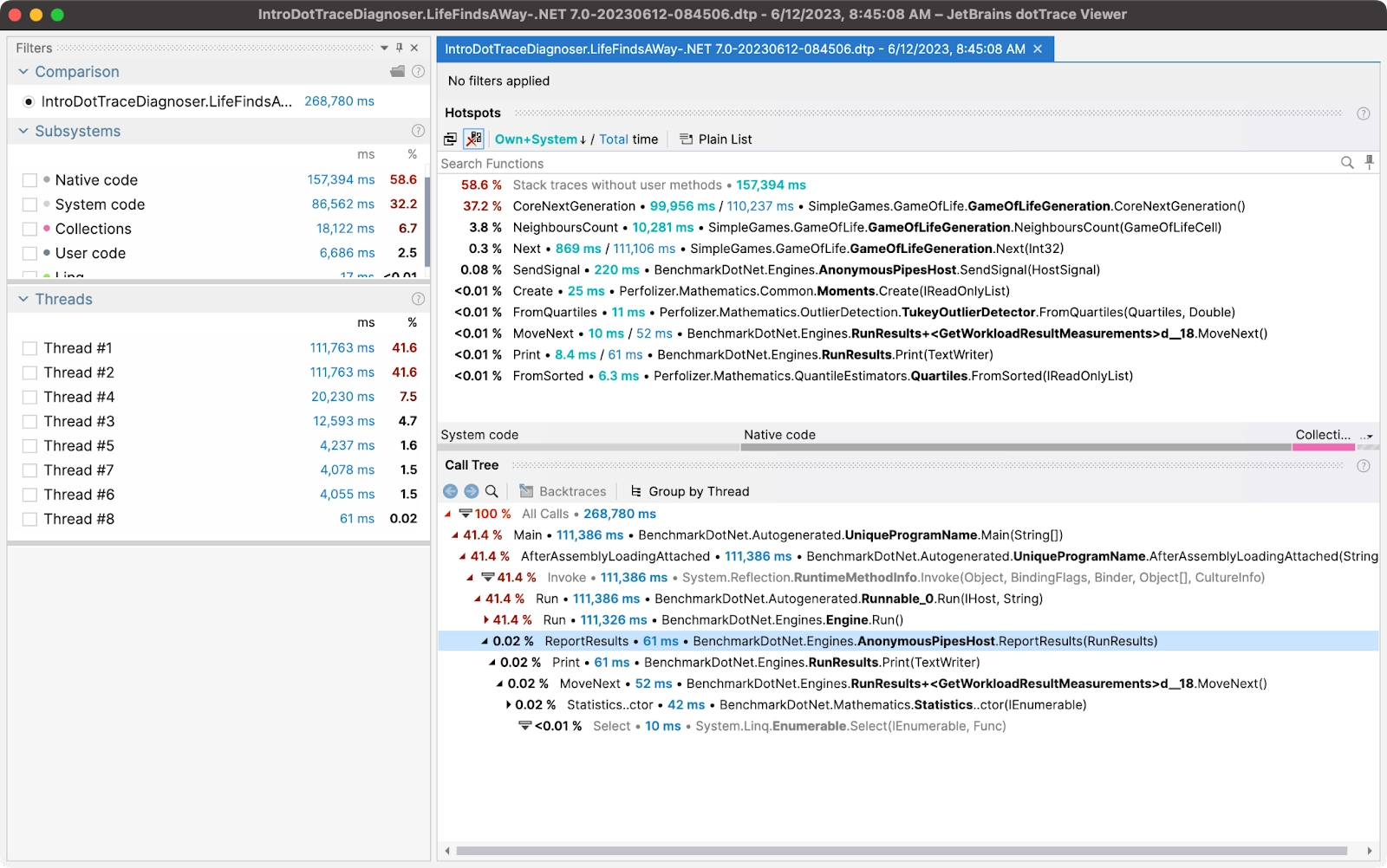 dotTrace Profiler stand-alone product running on macOS with current profiling session.