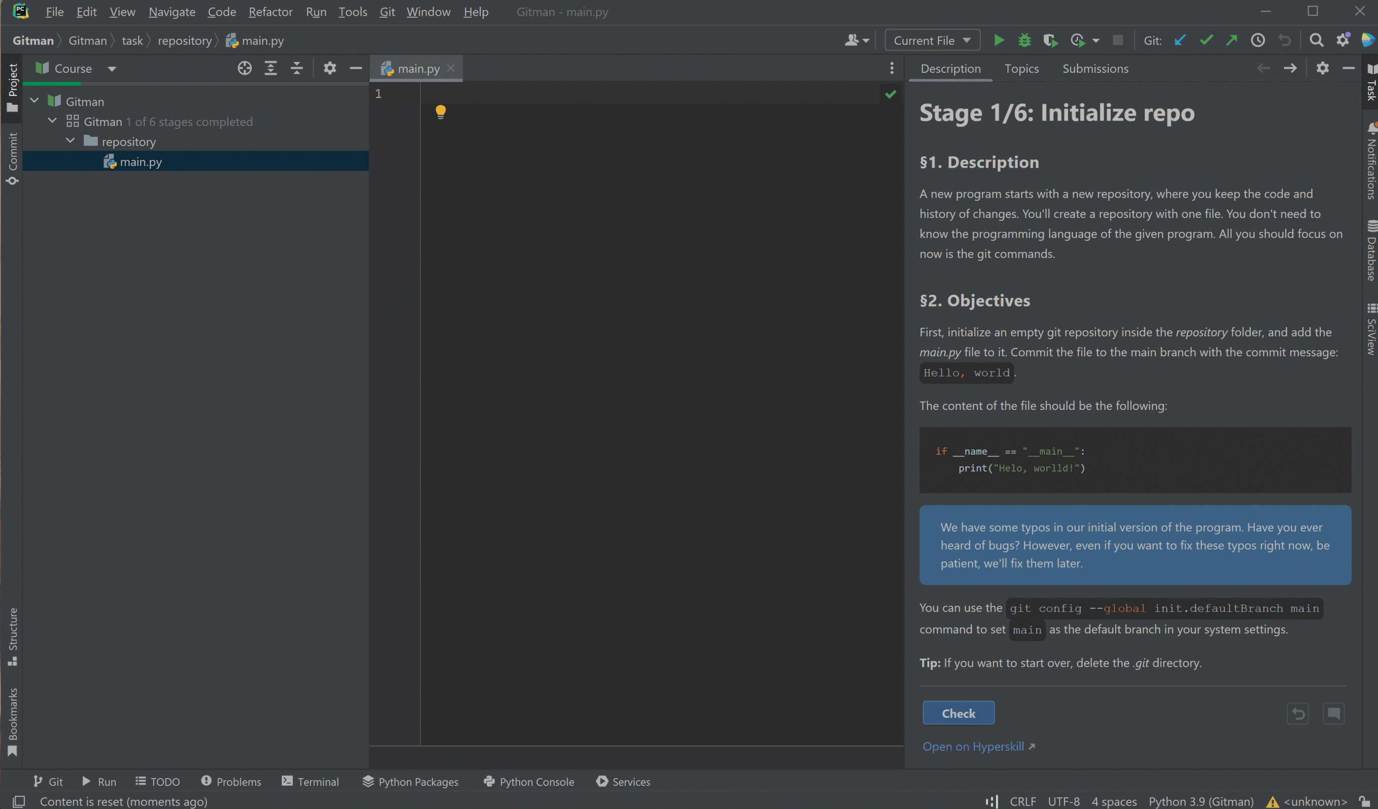 a user completing a task in the introduction to git learning track with the pycharm IDE