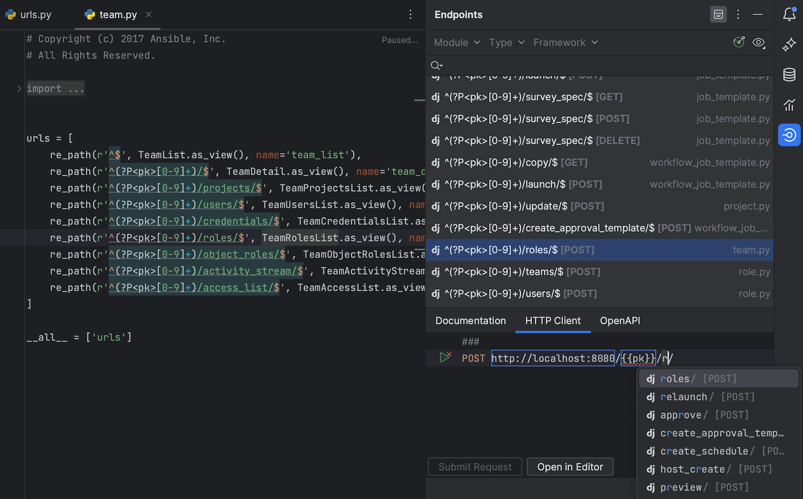 endpoints tool window for Django REST