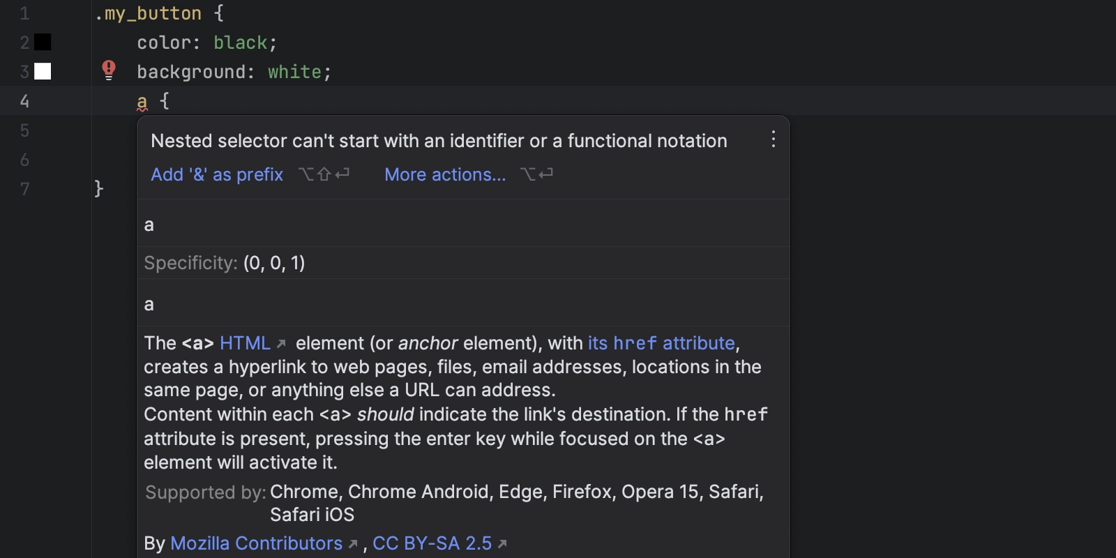 Error message that that is shown when using an element selector inside CSS nesting. The error says Nested selector can't start with an identifier or a functional notation.