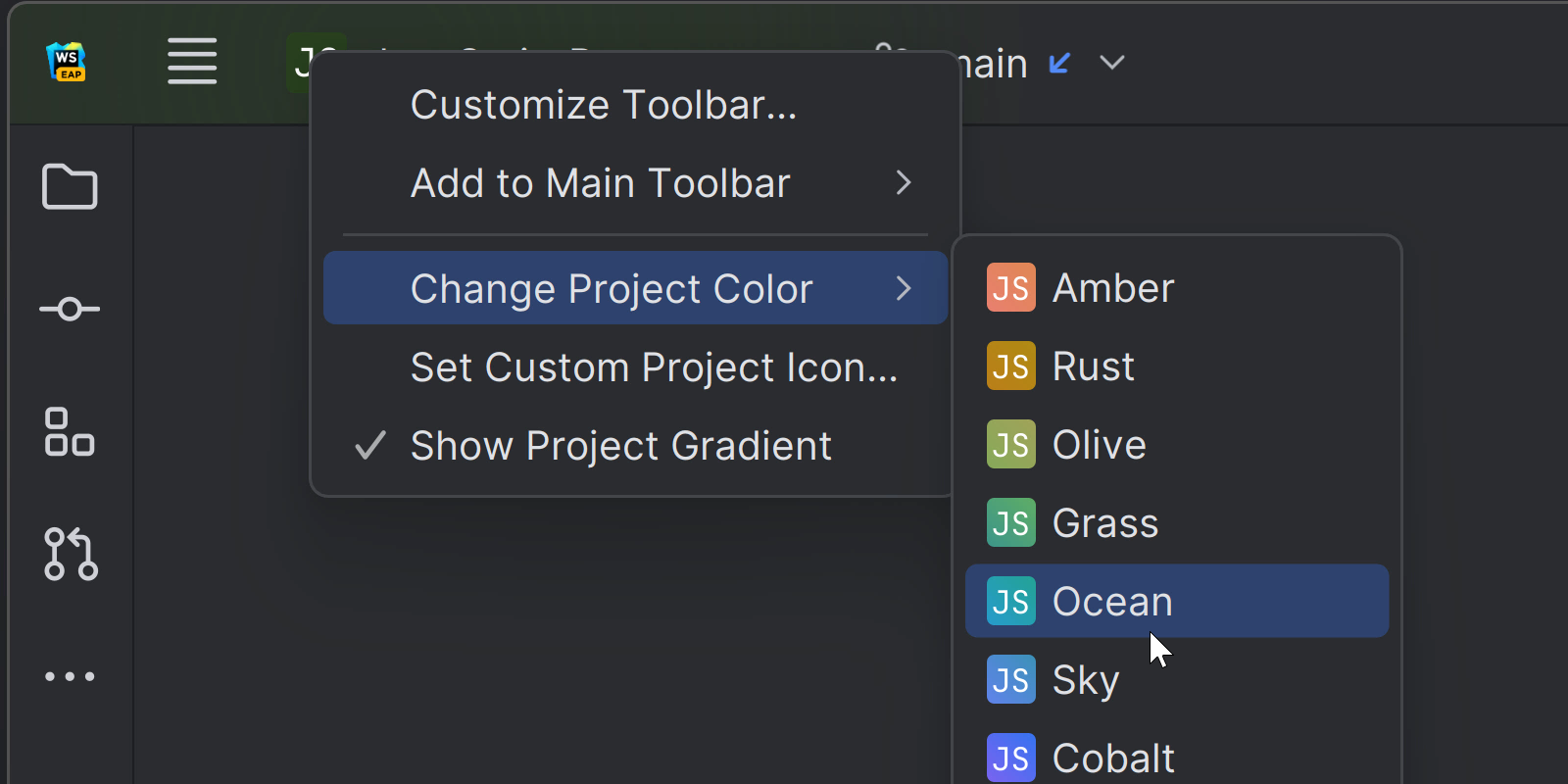 Showing the option to change the project header color and use the custom option