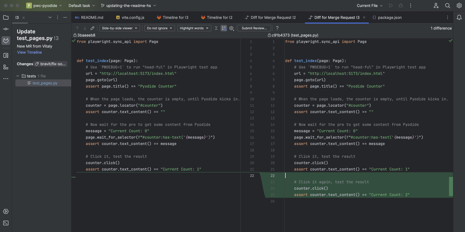Showing the GitLab integration in WebStorm during a merge request