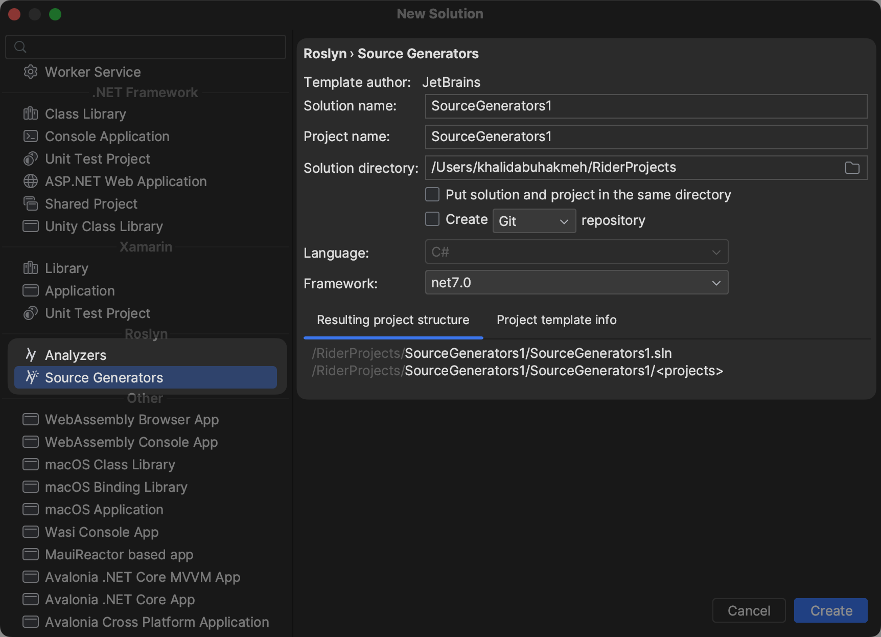 New Solution screen showing Roslyn section with new templates of Analyzers and Source Generators.