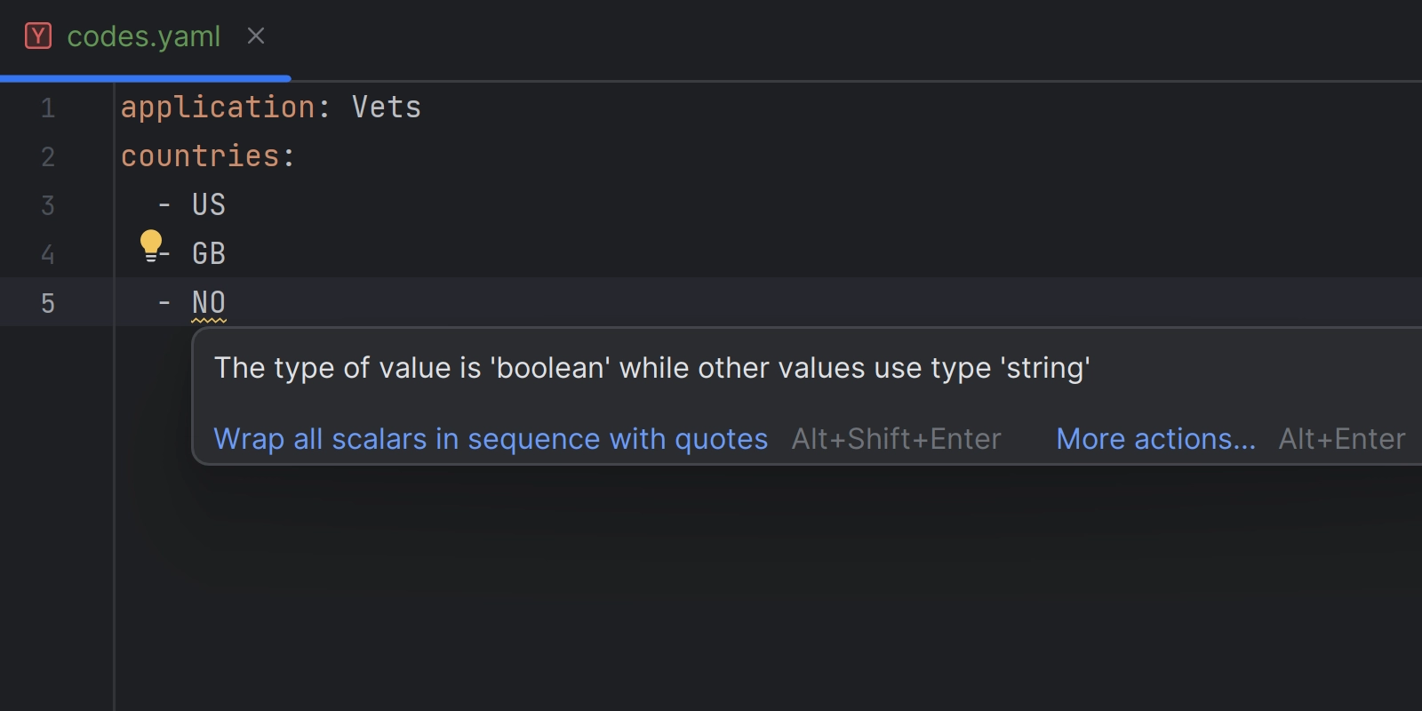 Showing the warning being triggered for NO in a yaml file