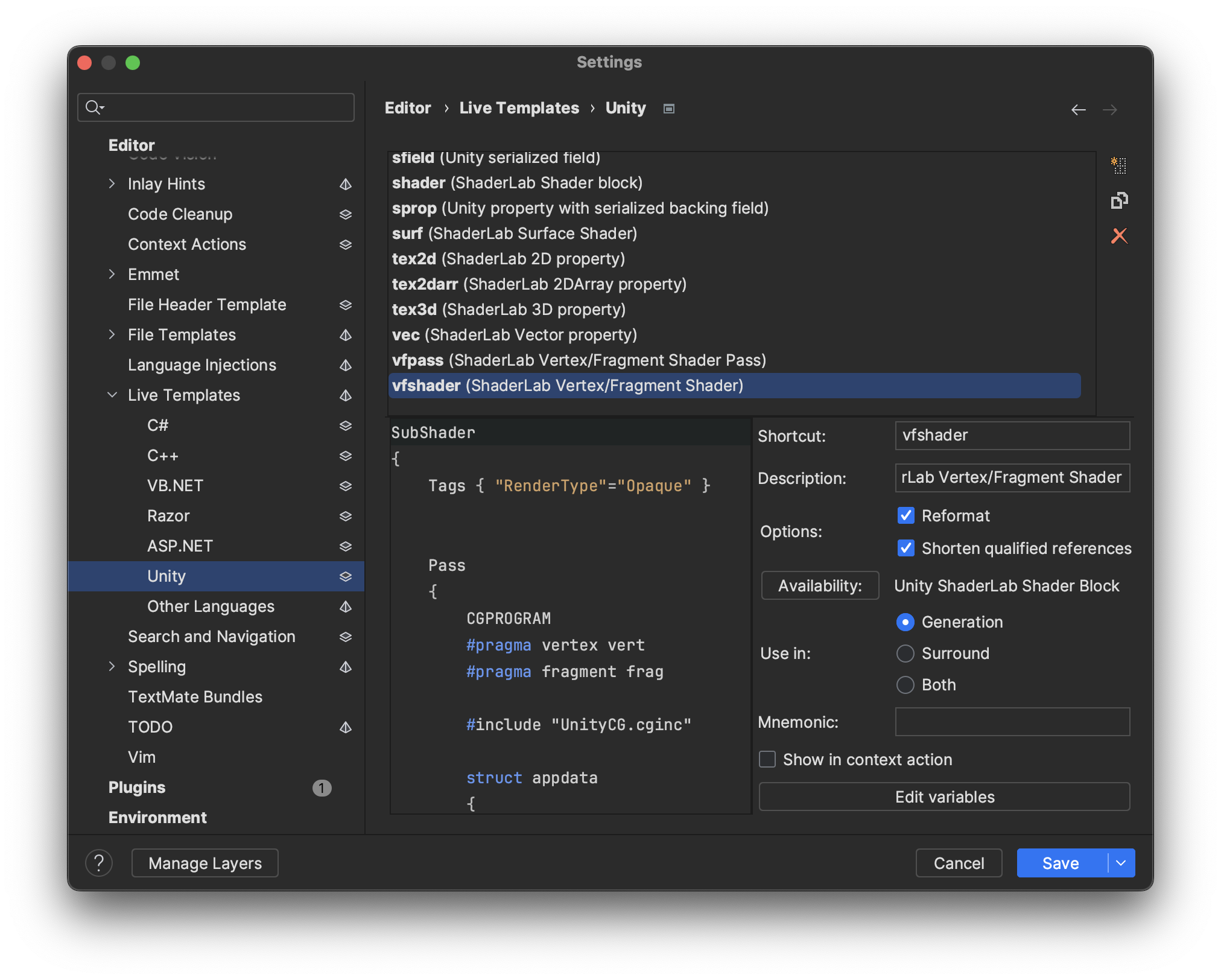 The Live Templates editor showing the vfshader template