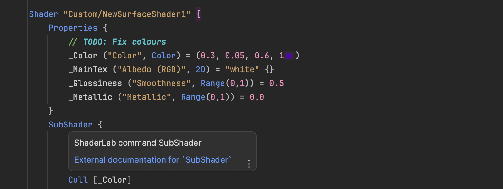 A tooltip for the SubShader command keyword, showing a link to external documentation