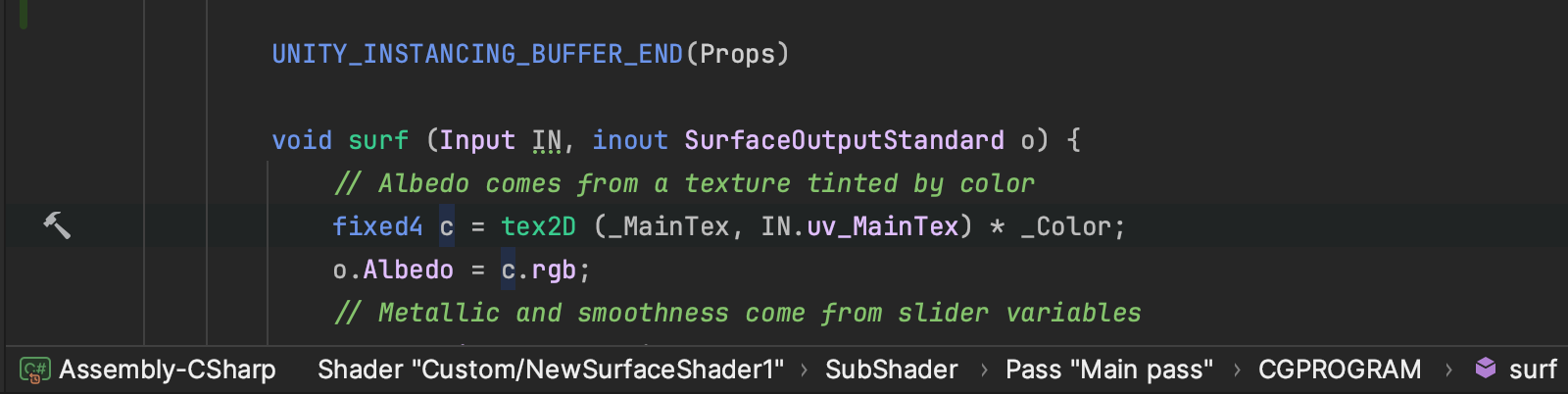 The breadcrumbs control at the bottom of the editor provides a compact view of the outline of the ShaderLab file's structure