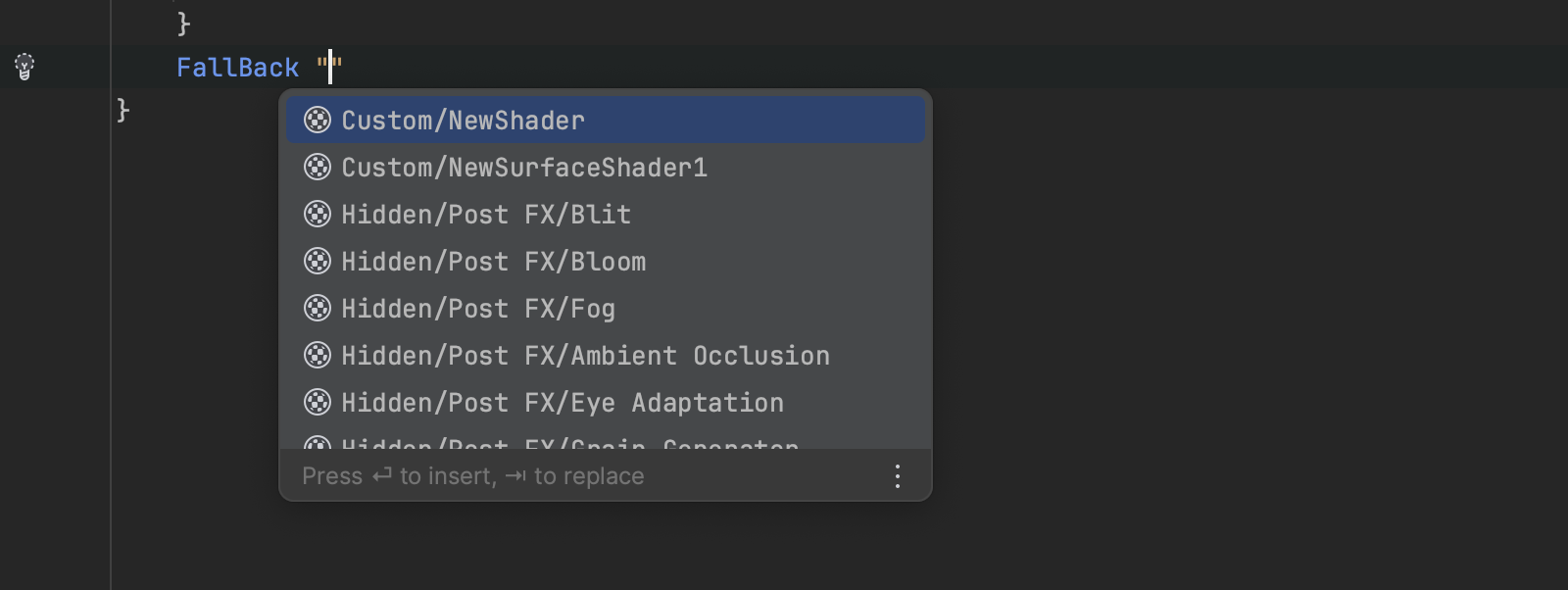 Completion of the shader name in the Fallback command