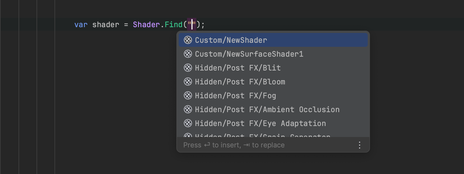 Completion of shader name in a call to Shader.Find