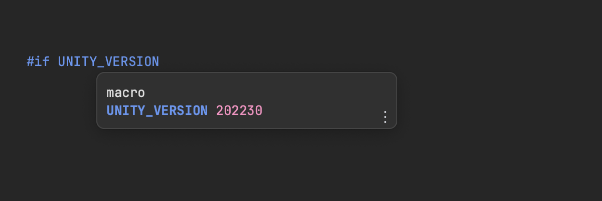 The UNITY_VERSION predefined macro, with a tooltip showing the actual value