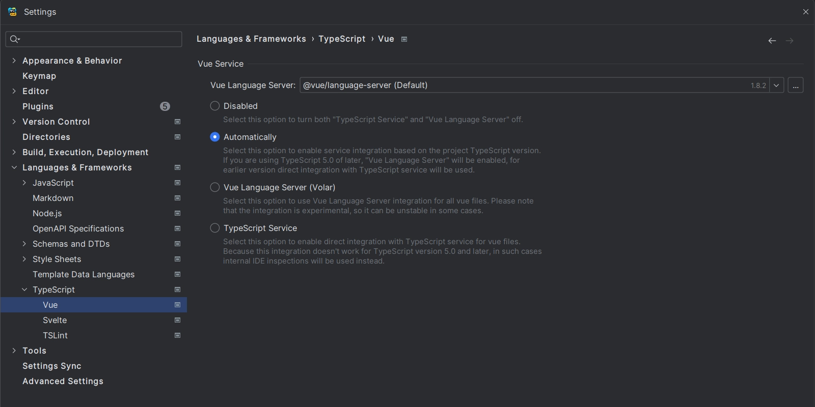 Settings showing the options for the Vue language server 