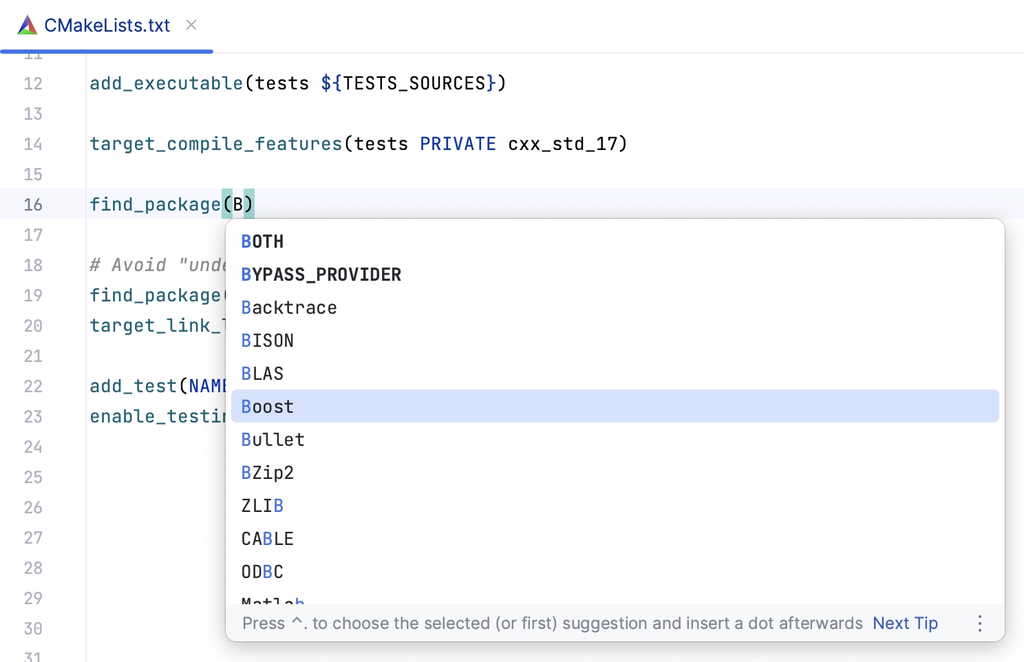 Boost completion in CMake