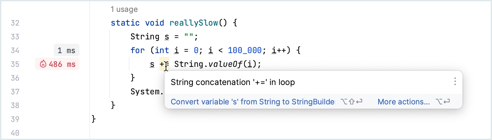 Line profiler hints in the method, to which we navigated by clicking the gutter label near it