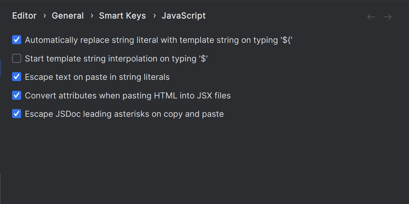 Showing the settings options under smart keys JavaScript that includes the option to automatically replace string literal with template string on typing